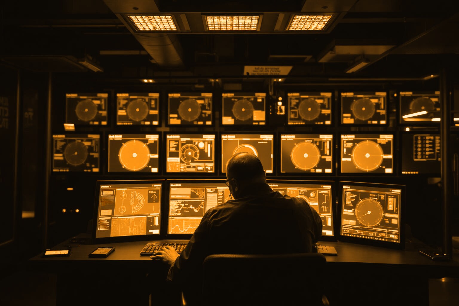 Engineer monitoring an industrial plant control room console