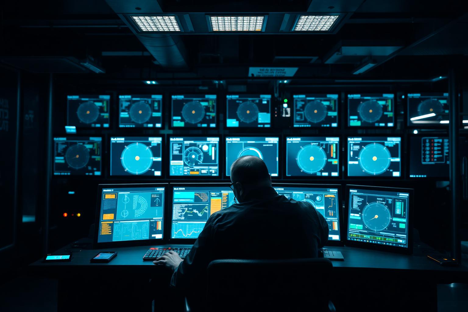 Engineer monitoring an industrial plant control room console