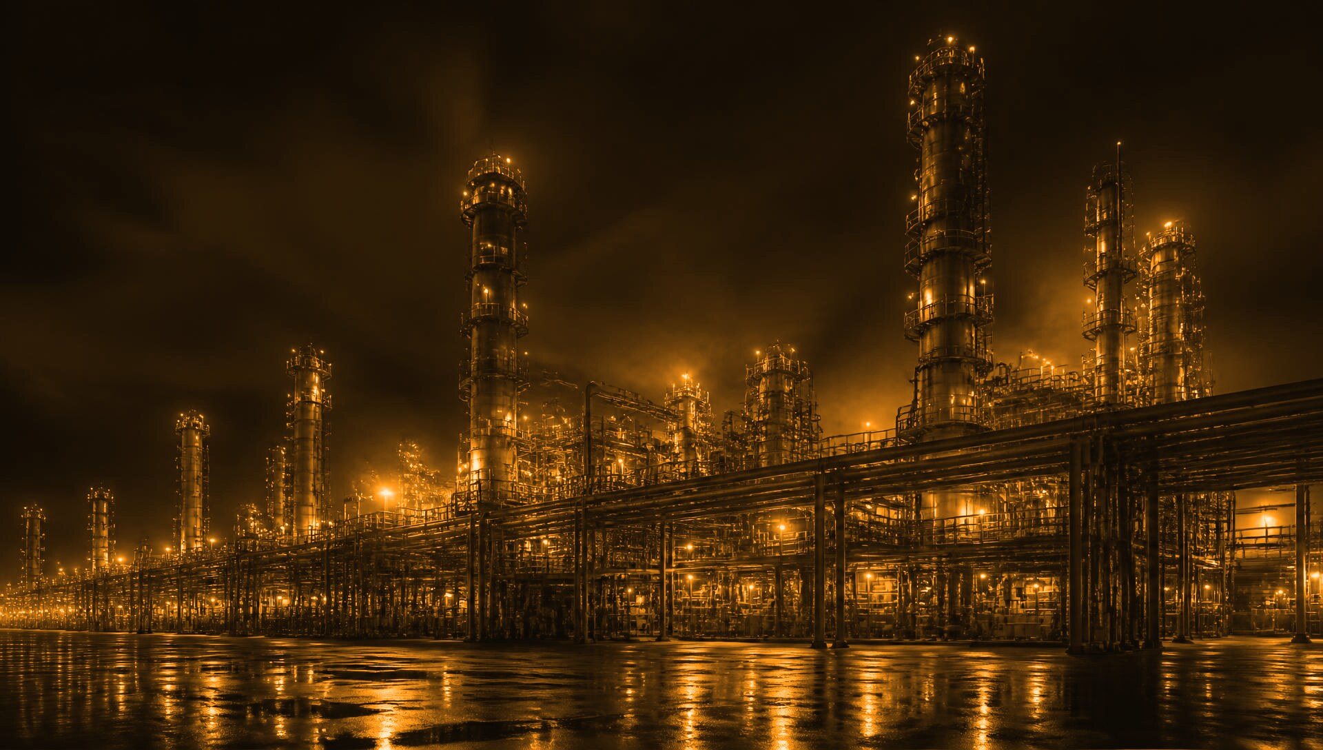Industrial fuel processing plant at night