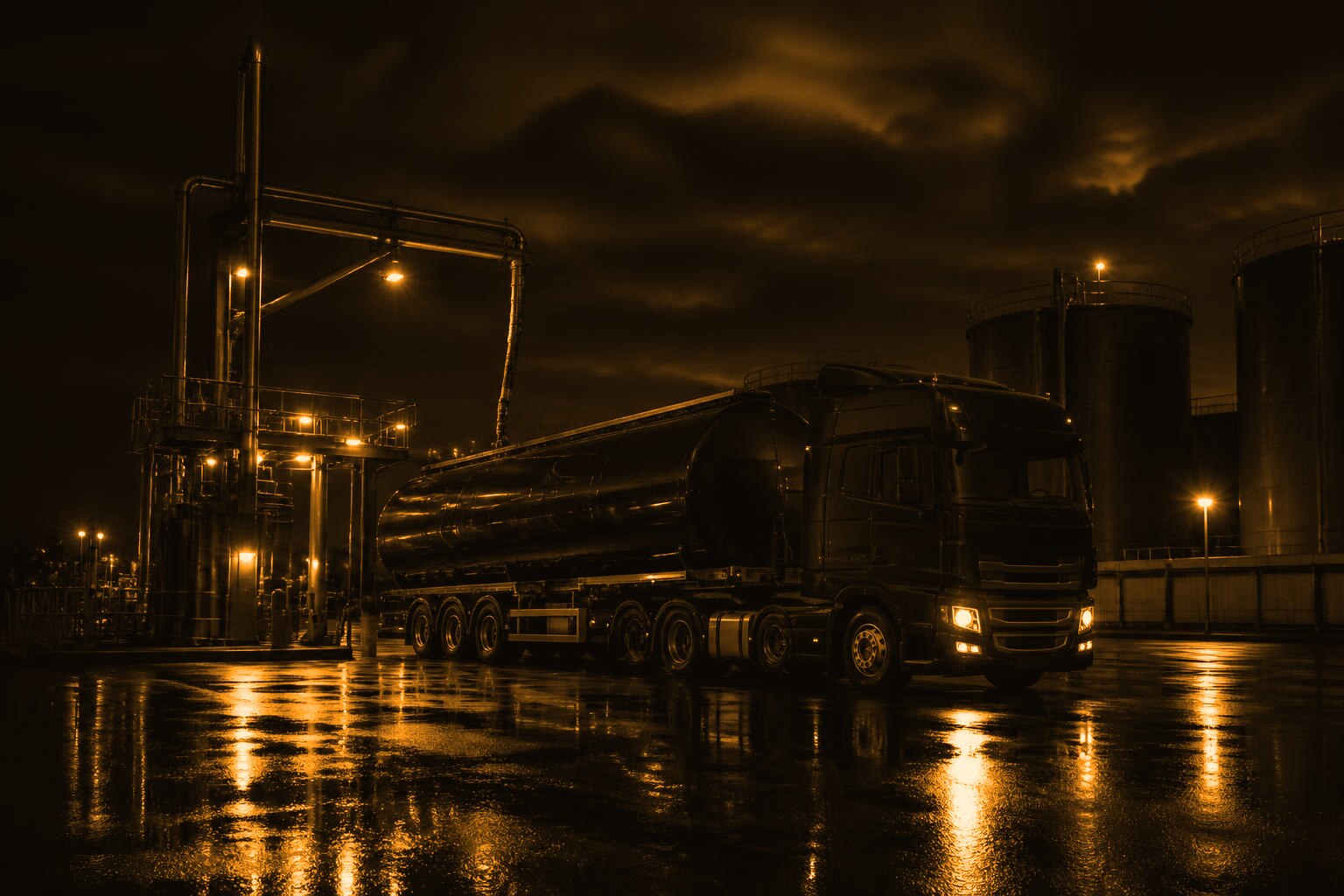 Bulk fuel tanker loading at an industrial depot at night