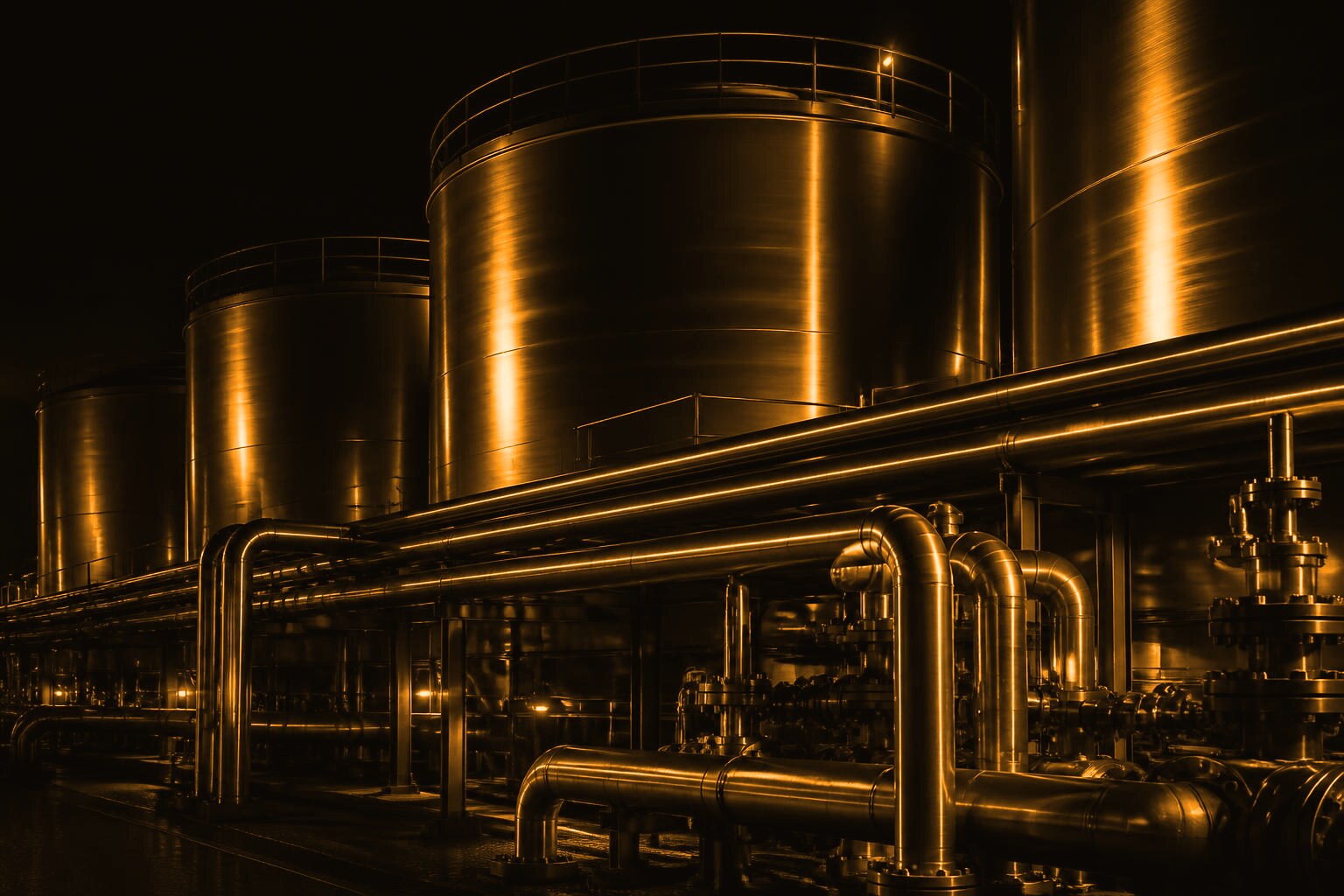 Industrial storage tanks and process piping illuminated at night