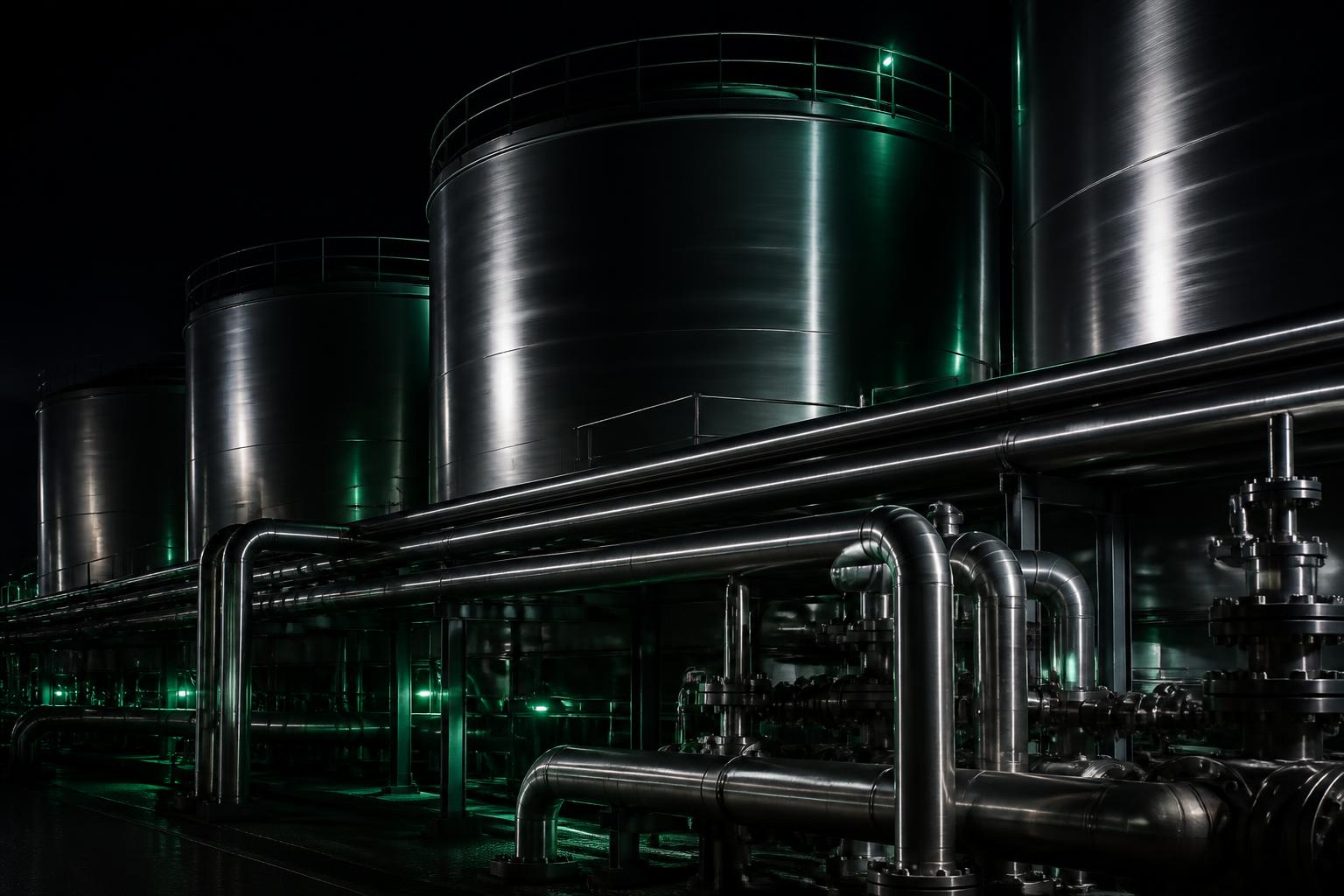 Industrial storage tanks and process piping illuminated at night
